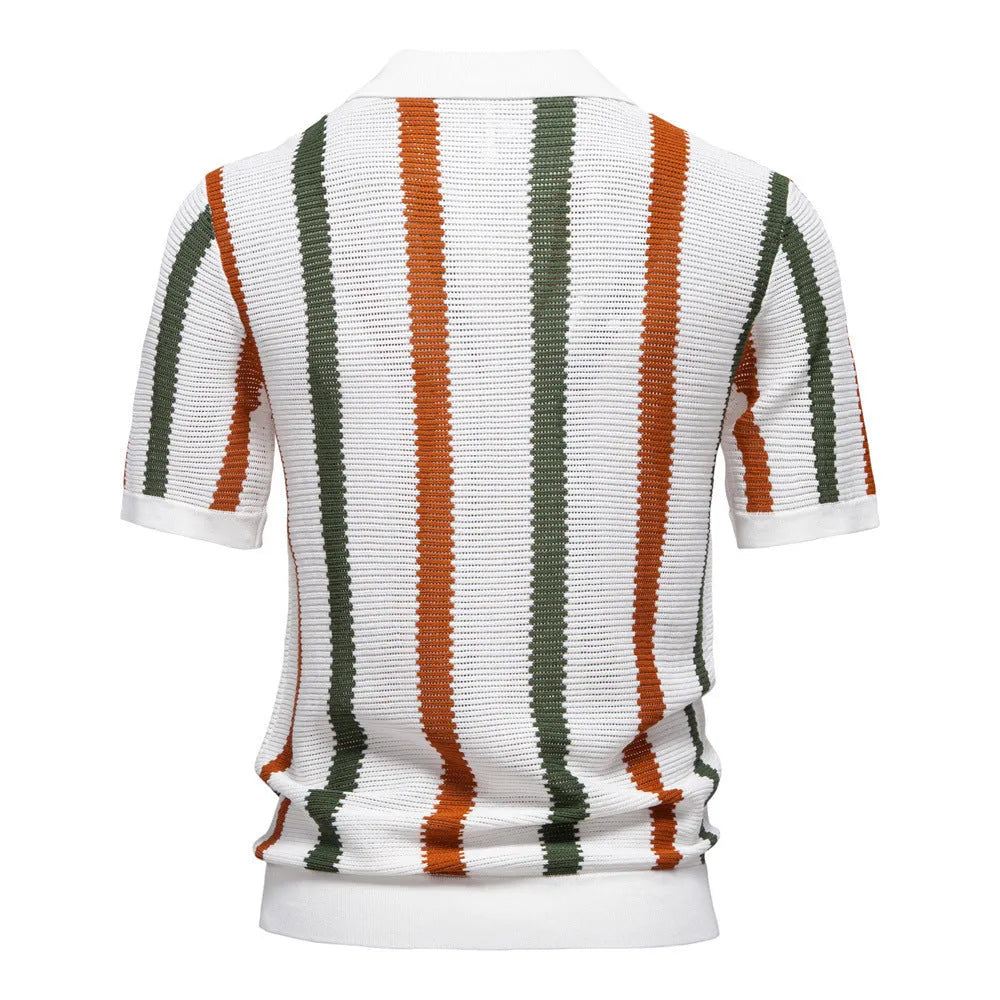 Men's breathable hollow fabric short-sleeved polo shirt with stripes in light blue colour.