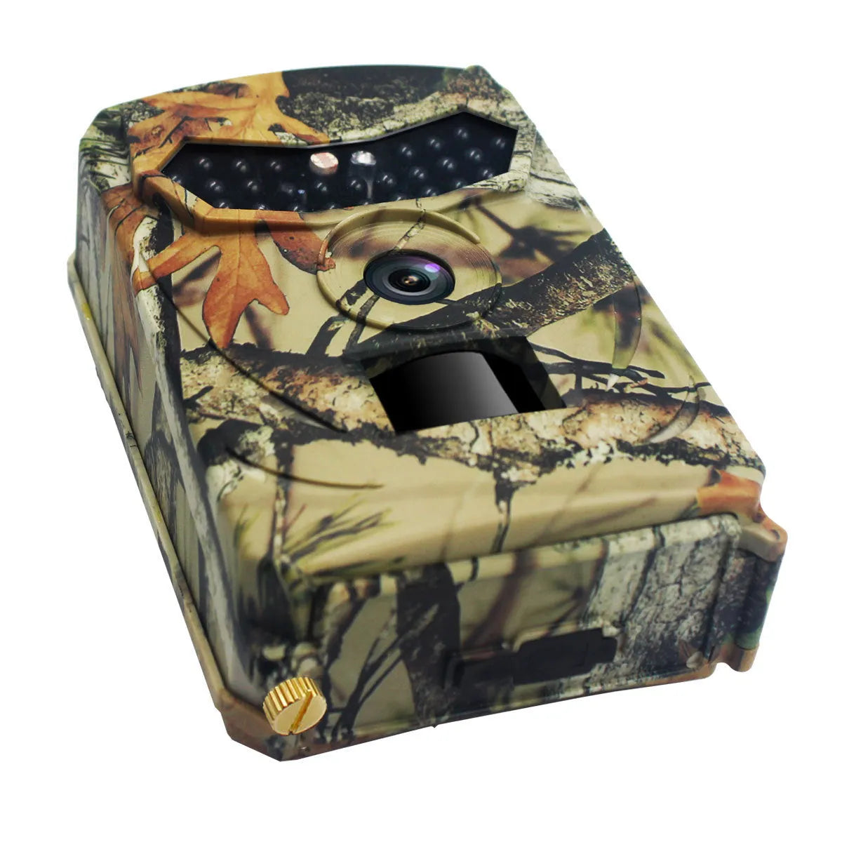 Yellow brown hunting game camera with infrared sensors and compact design for outdoor monitoring