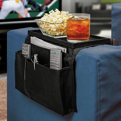 Sofa arm organizer bag in black with multiple pockets for remote controls and magazines