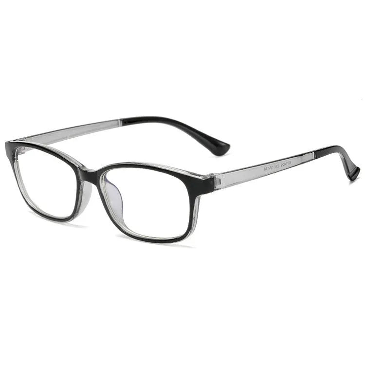 Anti-radiation glasses with PC full frame, flat mirror lenses, unisex anti-blue light design, available in blue, grey, and red.