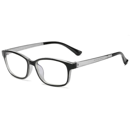 Anti-radiation glasses with PC full frame, flat mirror lenses, unisex anti-blue light design, available in blue, grey, and red.