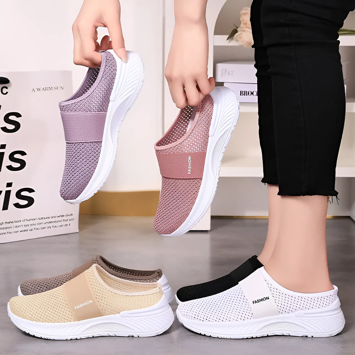 Women's breathable mesh casual shoes in beige, flat heel, round toe, PVC sole, sizes 36-43.