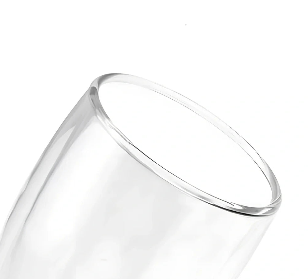 Clear double-layer glass coffee cup with Chinese-style design showing insulating air gap between walls