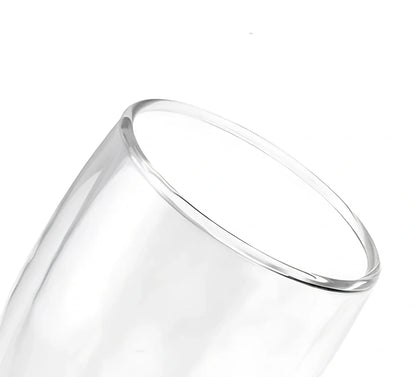 Clear double-layer glass coffee cup with Chinese-style design showing insulating air gap between walls