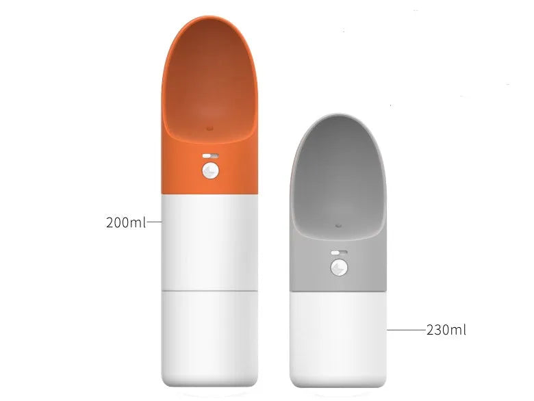 White and grey rocket-shaped pet water bottle with drinking outlet and lock button