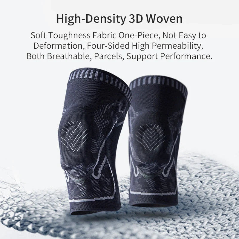 Durable knee pads with knitted silicone construction, V-shaped design, and 360-degree non-slip strips for all-around sports protection