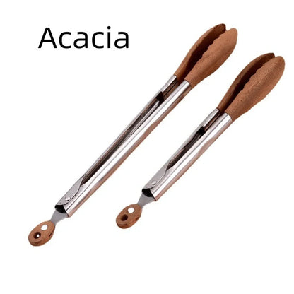 Stainless steel barbecue food tong with wood handle showing clamp mechanism and length measurement