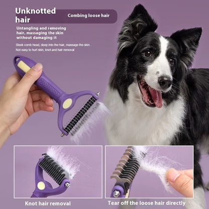 Purple plastic double-sided pet comb for removing knots and tangles from dog and cat fur