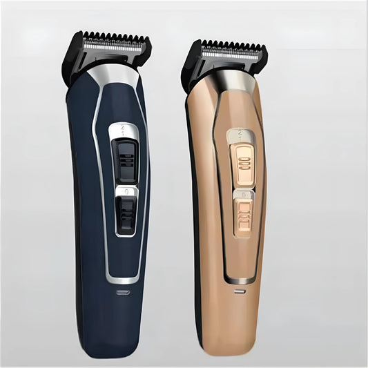Dark blue rechargeable electric hair clipper with stainless steel adjustable blades on white background