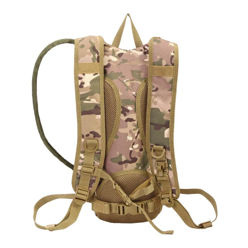 Green camouflage cycling hydration backpack with large main compartment and ergonomic back panel.