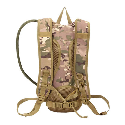Green camouflage cycling hydration backpack with large main compartment and ergonomic back panel.