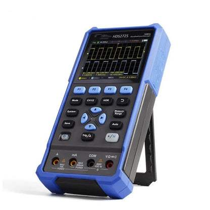 Owon HDS272 handheld digital oscilloscope with probe and accessories on a workbench.