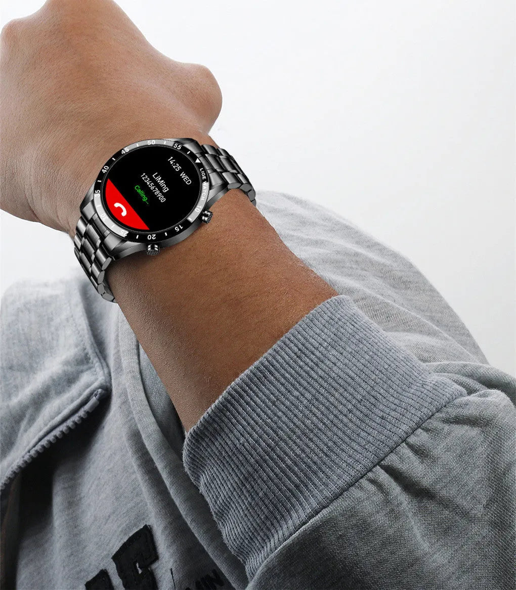 Black and silver stainless steel smart watch with a 1.3-inch screen showing step counter.