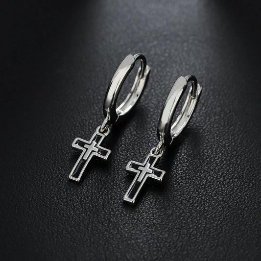 Silver geometric cross earrings with electroplating treatment, approximately 2.5cm height