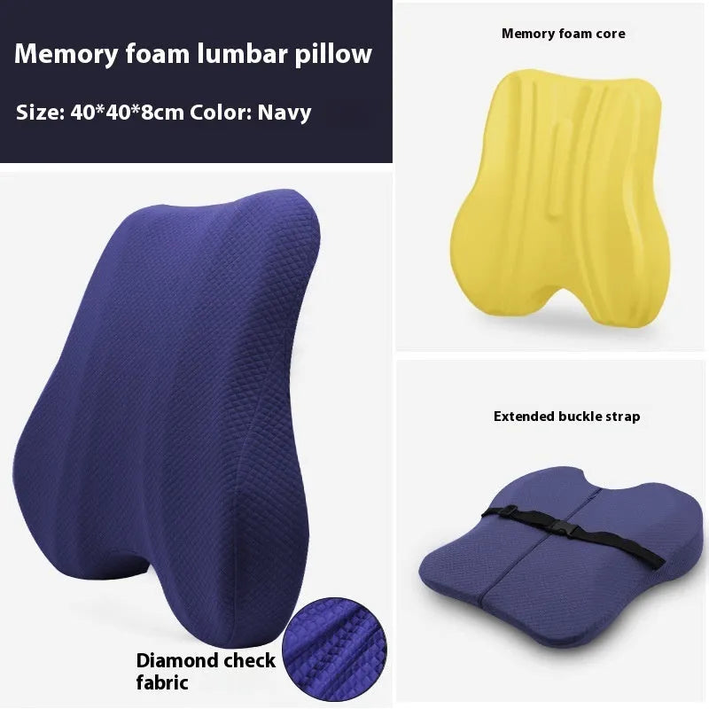 Grey lumbar support pillow for office chair measuring 40 by 40 by 8 centimetres.