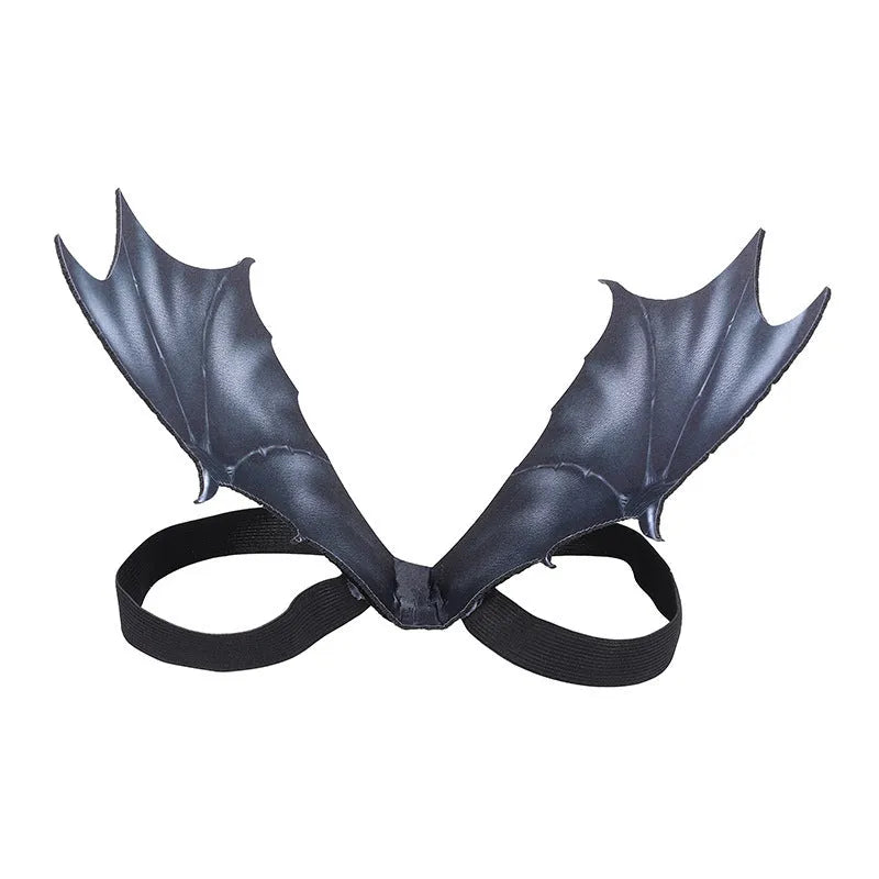 Black cloth bat wings for pet Halloween costume with adjustable straps, shown in three sizes: 40cm, 55cm, and 64cm wingspan