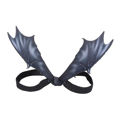Black cloth bat wings for pet Halloween costume with adjustable straps, shown in three sizes: 40cm, 55cm, and 64cm wingspan