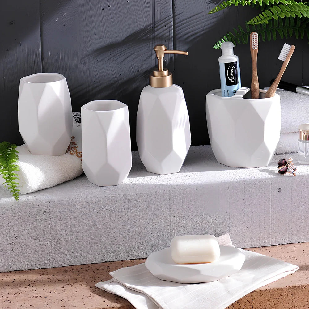 Five-piece ceramic bathroom set with diamond pattern matte finish in black and white options