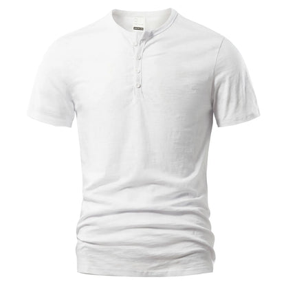 Men's slub cotton short sleeve t-shirt in denim blue colour showing British-style design and textured fabric