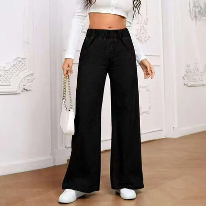 Light blue washed wide-leg denim trousers with mid waist and zip placket for plus-size youth wear