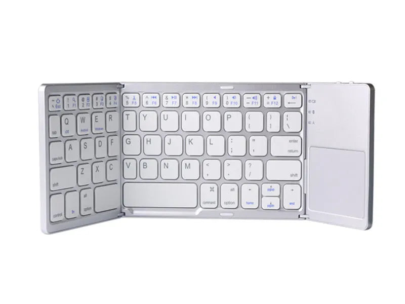 Tri-fold folding touch keyboard shown both unfolded for typing and folded for transport with touchpad