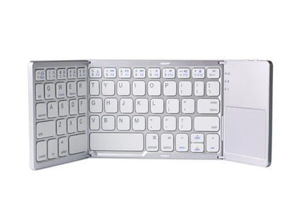Tri-fold folding touch keyboard shown both unfolded for typing and folded for transport with touchpad