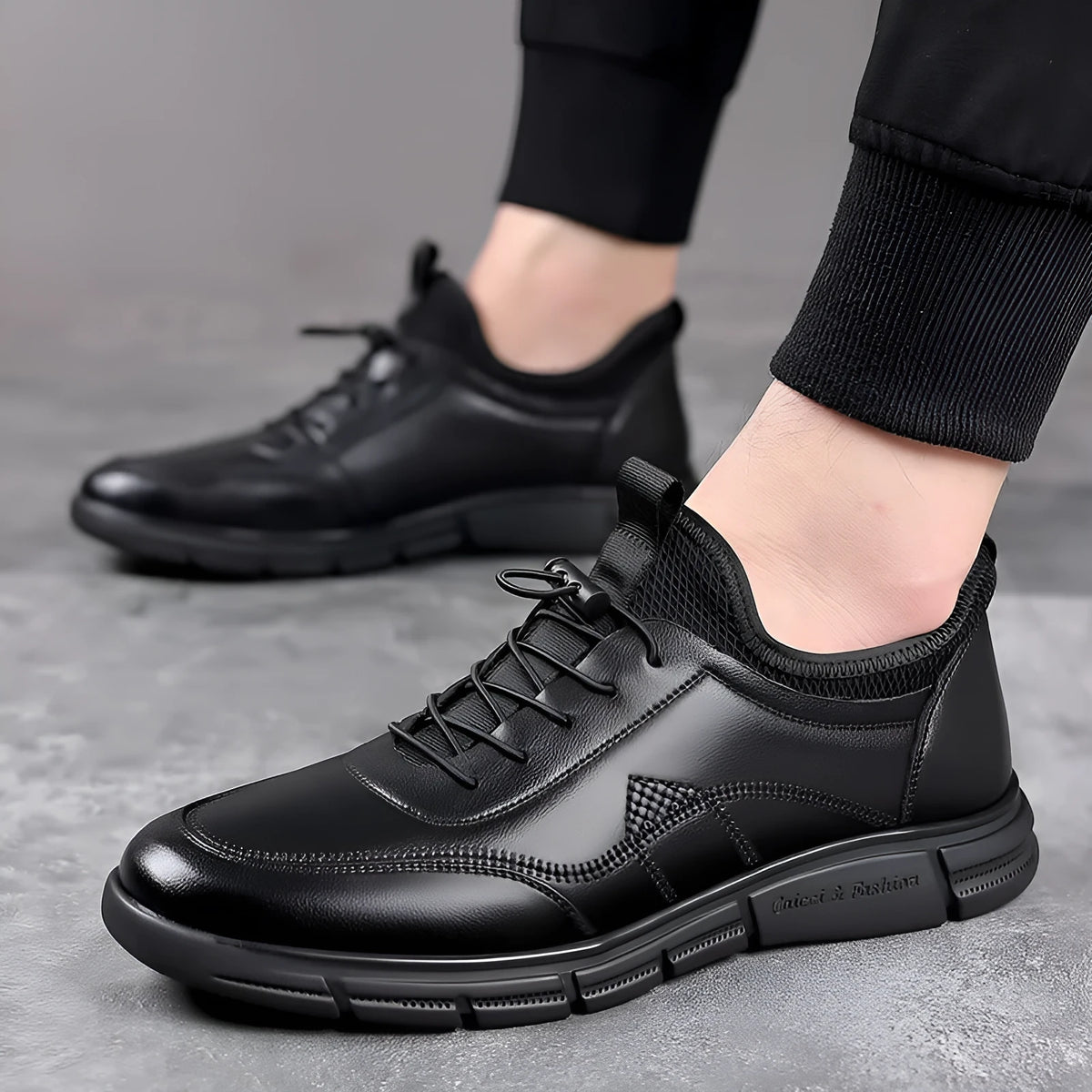 Men's black leather casual shoes with square heel and leather stitching details