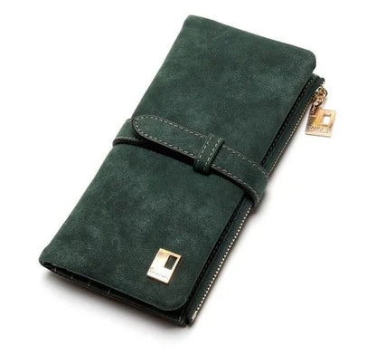 Korean-style retro matte leather long wallet in army green with zip closure and multiple interior card slots