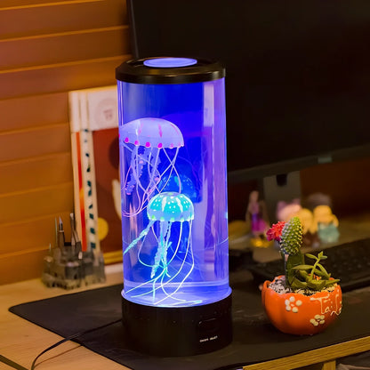 LED jellyfish aquarium lamp showing volcanic bubble effect with colour-changing lighting in black finish