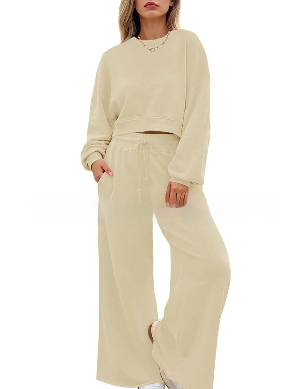 Women's solid colour polyester two-piece set with trousers and long-sleeved top in street hipster style