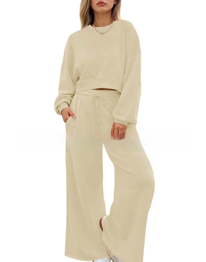 Women's solid colour polyester two-piece set with trousers and long-sleeved top in street hipster style