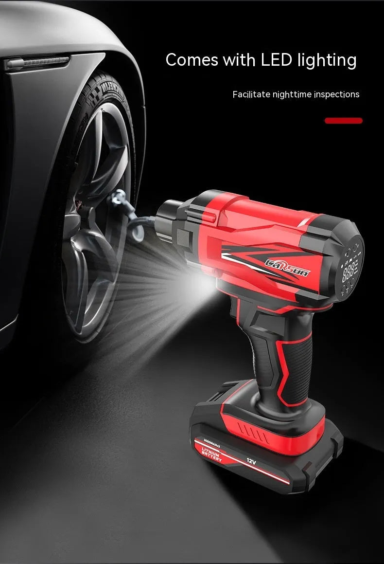 Red and black portable car wireless air pump with nozzle attachments and power cable