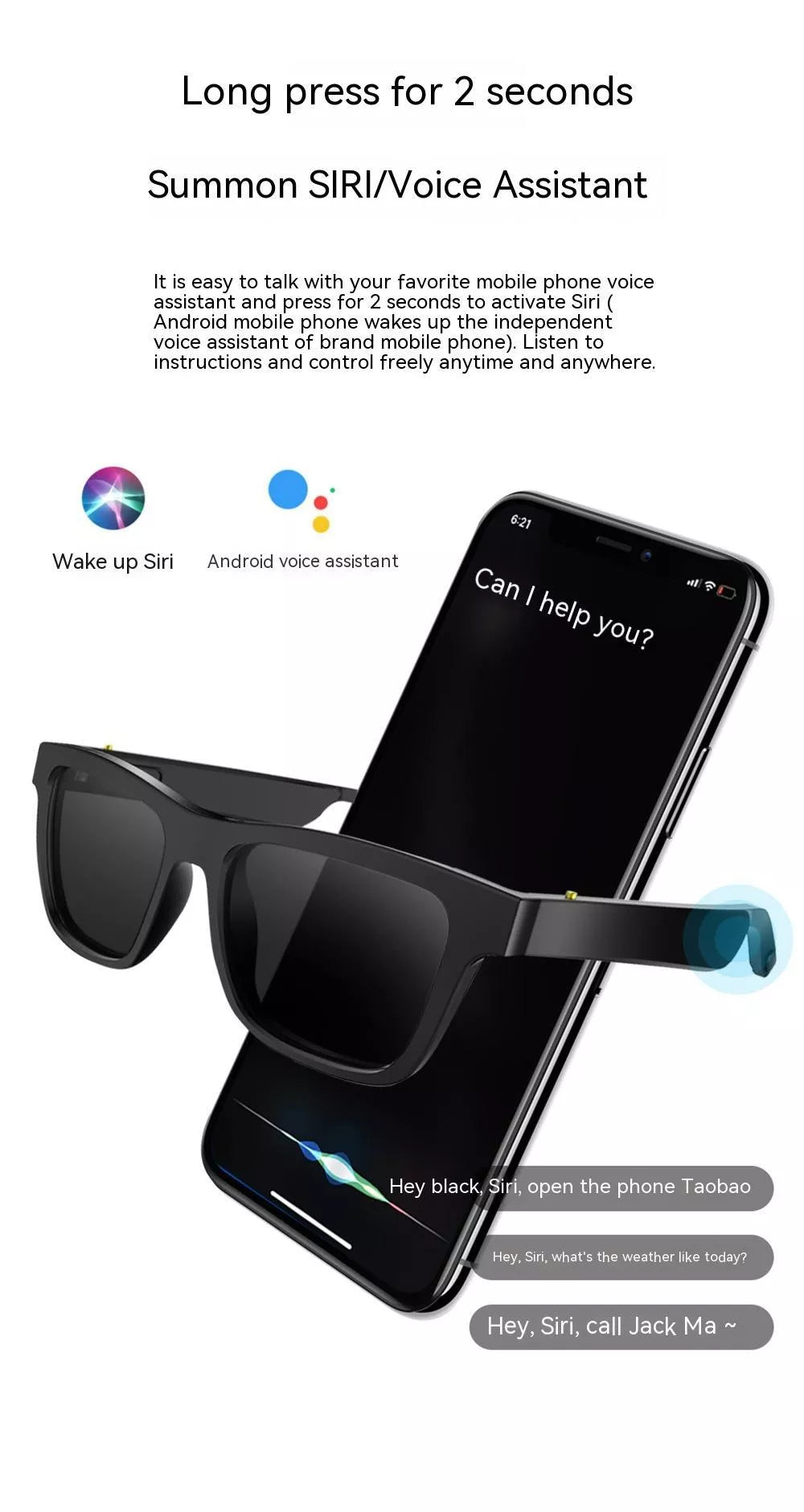Black and Transparent Bluetooth Smart Glasses with TR90 Frame