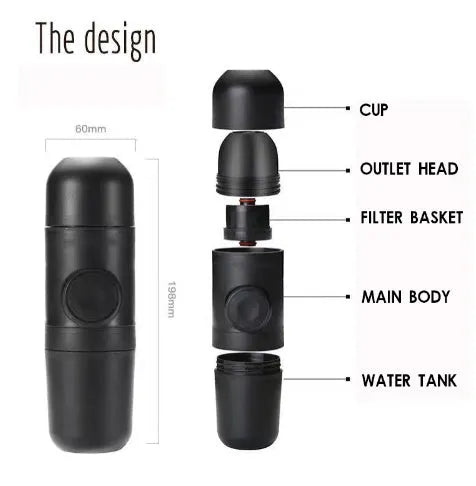 Black portable manual coffee machine with pressure gauge, 6cm wide and 17.5cm tall.
