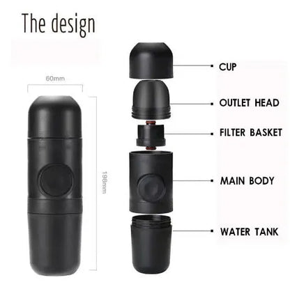 Black portable manual coffee machine with pressure gauge, 6cm wide and 17.5cm tall.
