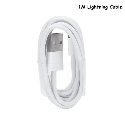 White USB wall charger with UK plug and a white Lightning cable for iPhone and iPad charging