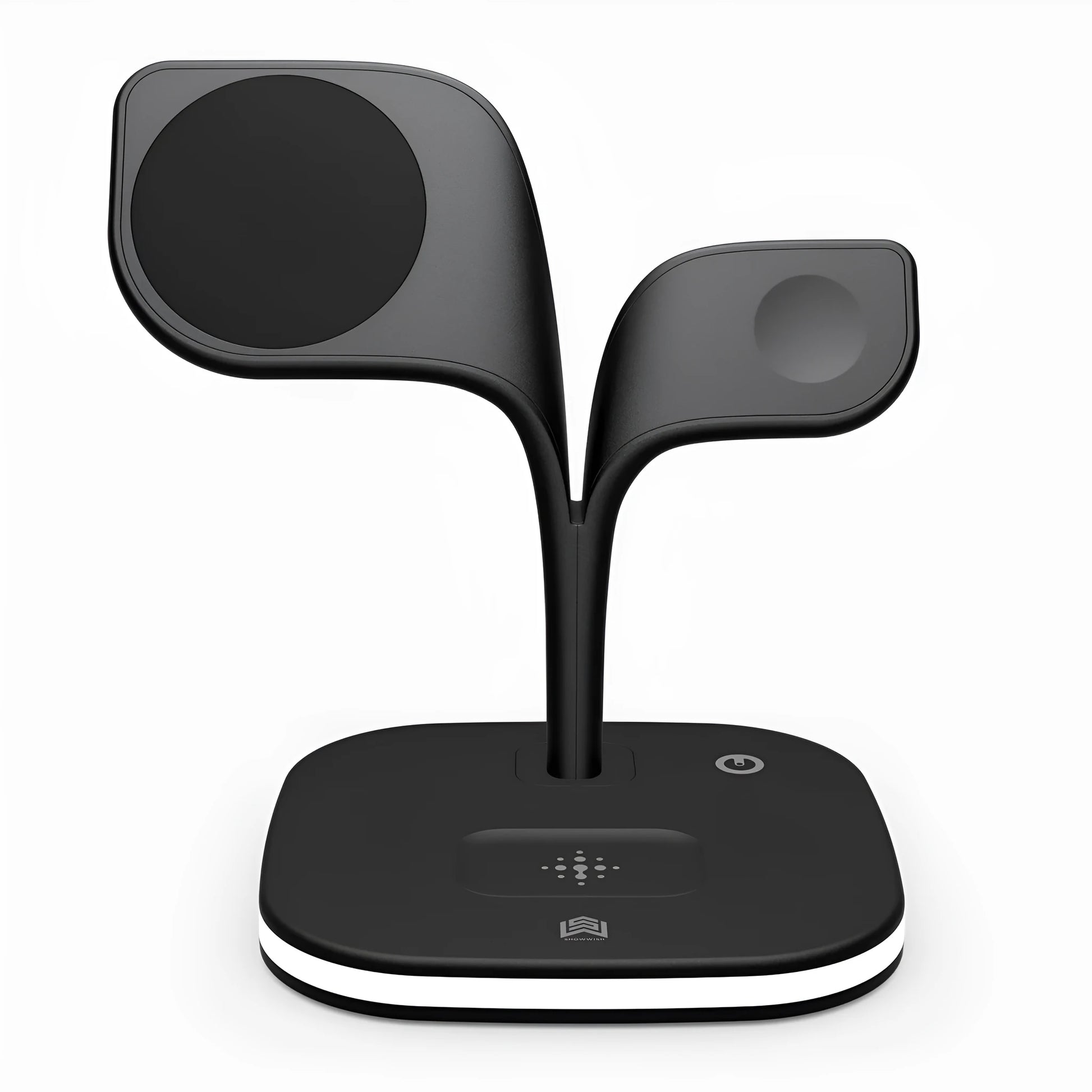 Black desktop wireless charging stand showing phone, smartwatch and headphone charging simultaneously