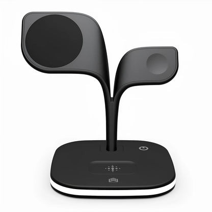 Black desktop wireless charging stand showing phone, smartwatch and headphone charging simultaneously