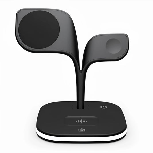 Black desktop wireless charging stand showing phone, smartwatch and headphone charging simultaneously