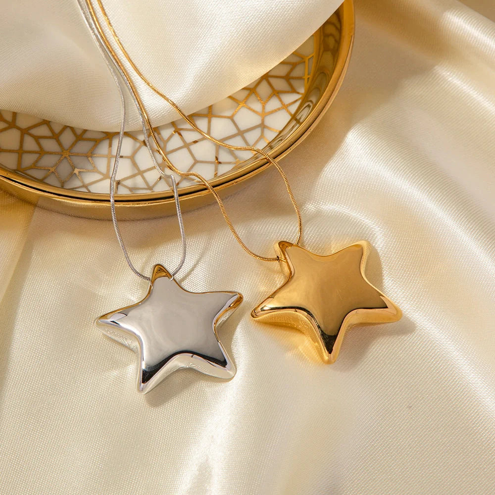 Radiant 18K gold-plated star necklace with stainless steel pendant and ball bead chain