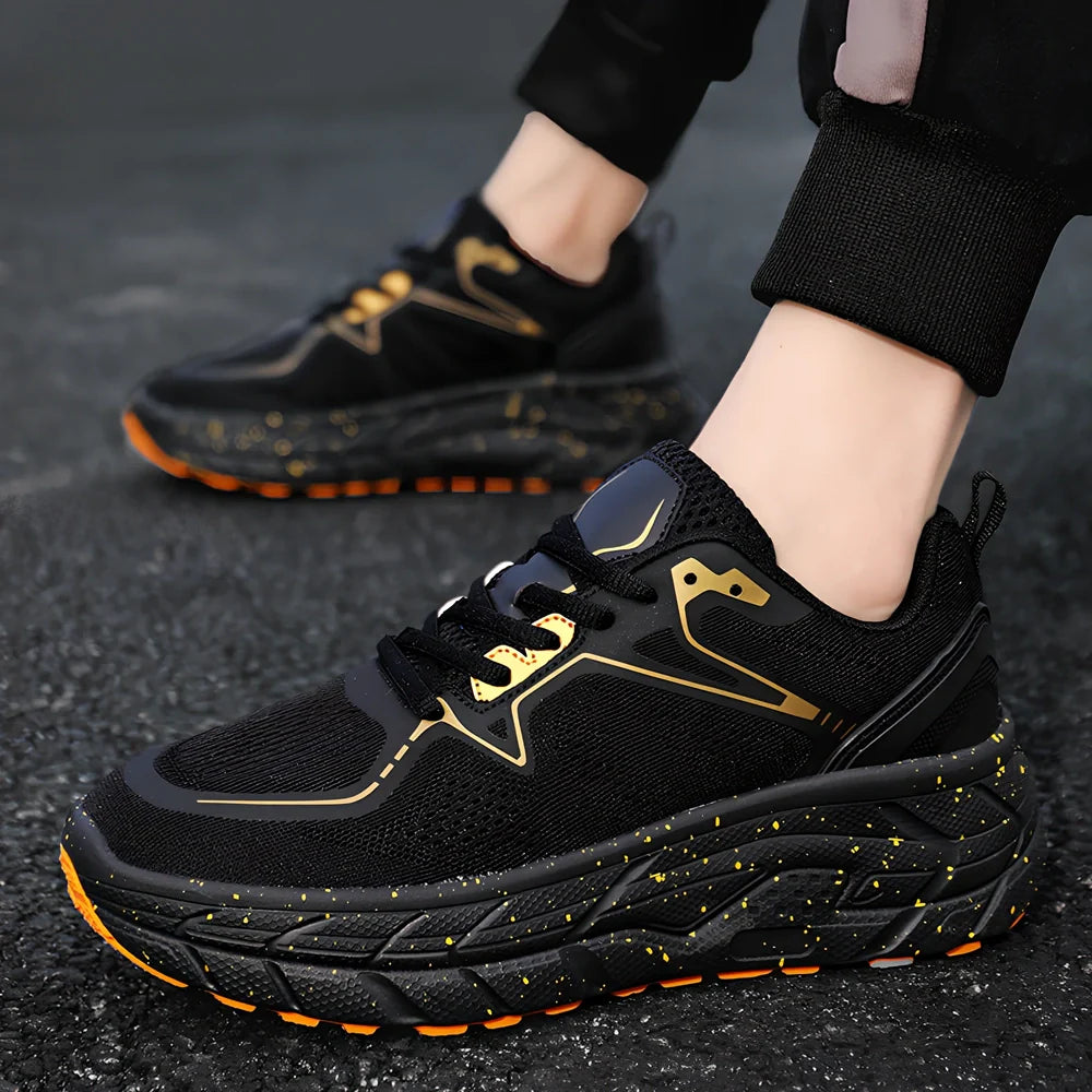 Men's and women's running shoes with mesh upper, EVA-rubber sole, slope heel design in white, black, red or yellow