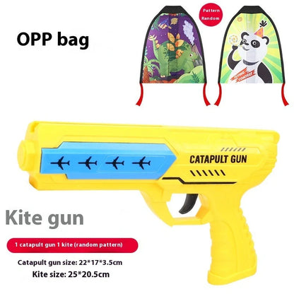 Blue plastic kite gun toy with rubber band launcher and 90g kite for children's outdoor play