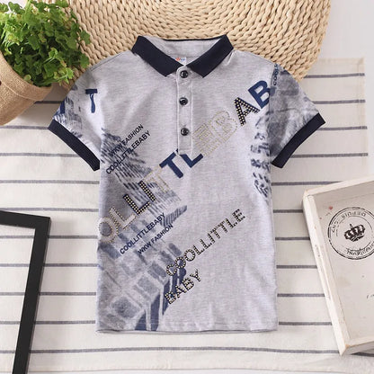 Boys short sleeve cotton lapel shirt in solid colour on a hanger.