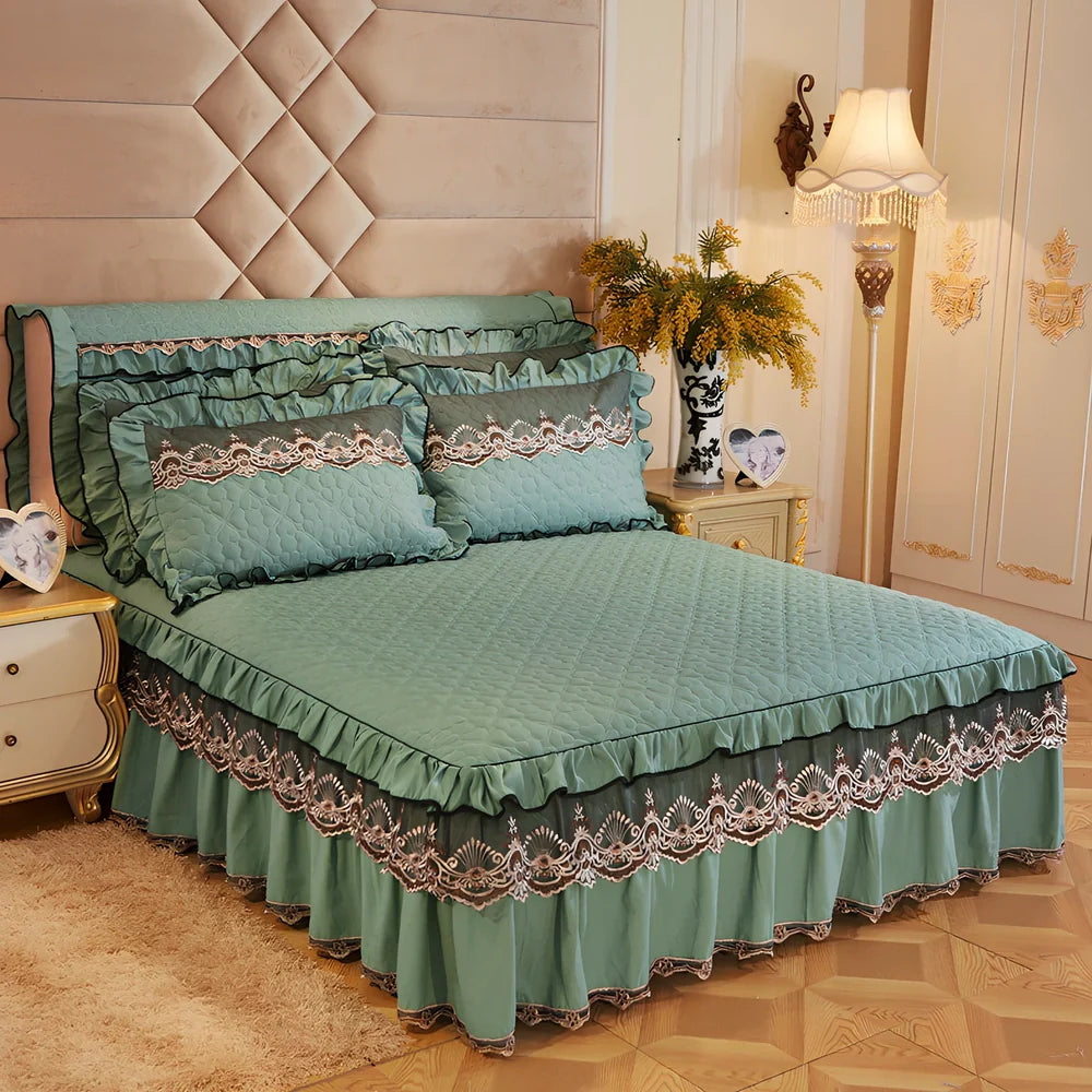 Quilted lace bed skirt with embroidery quilting on bed, showing 1.8m circumference coverage