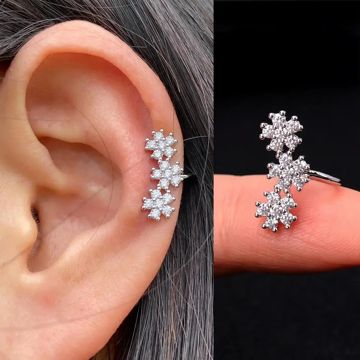 Butterfly flower inlaid zircon pierced earrings in gold or silver copper for women