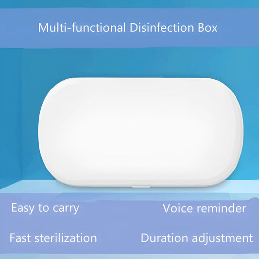 White ABS plastic ultraviolet wireless disinfection box steriliser with phone inside.