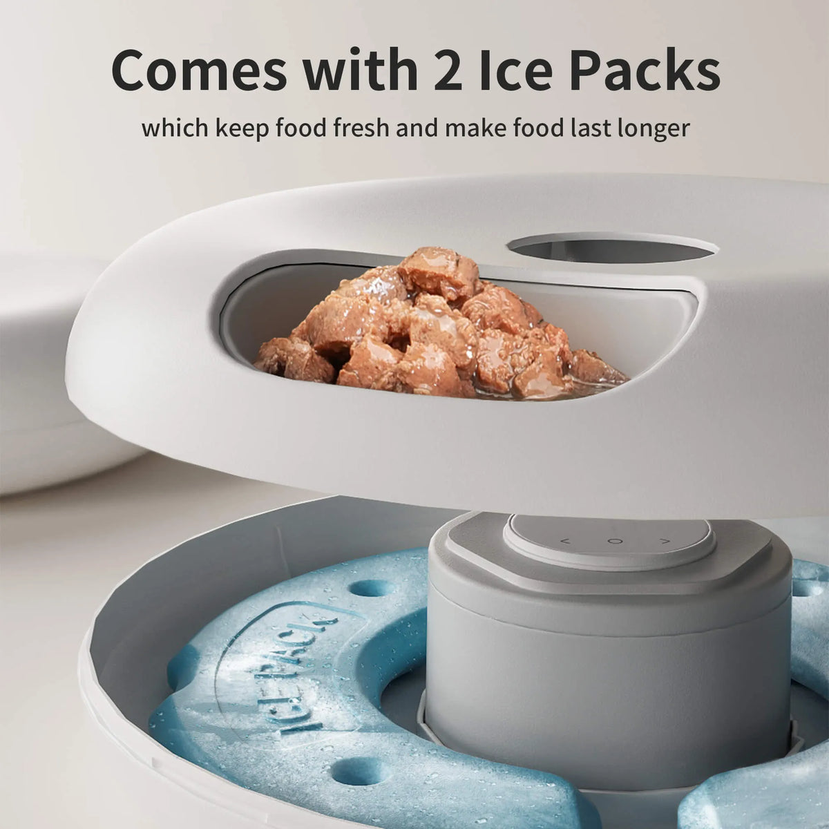 WiFi-enabled automatic pet feeder with app control, six food compartments, and two ice packs.