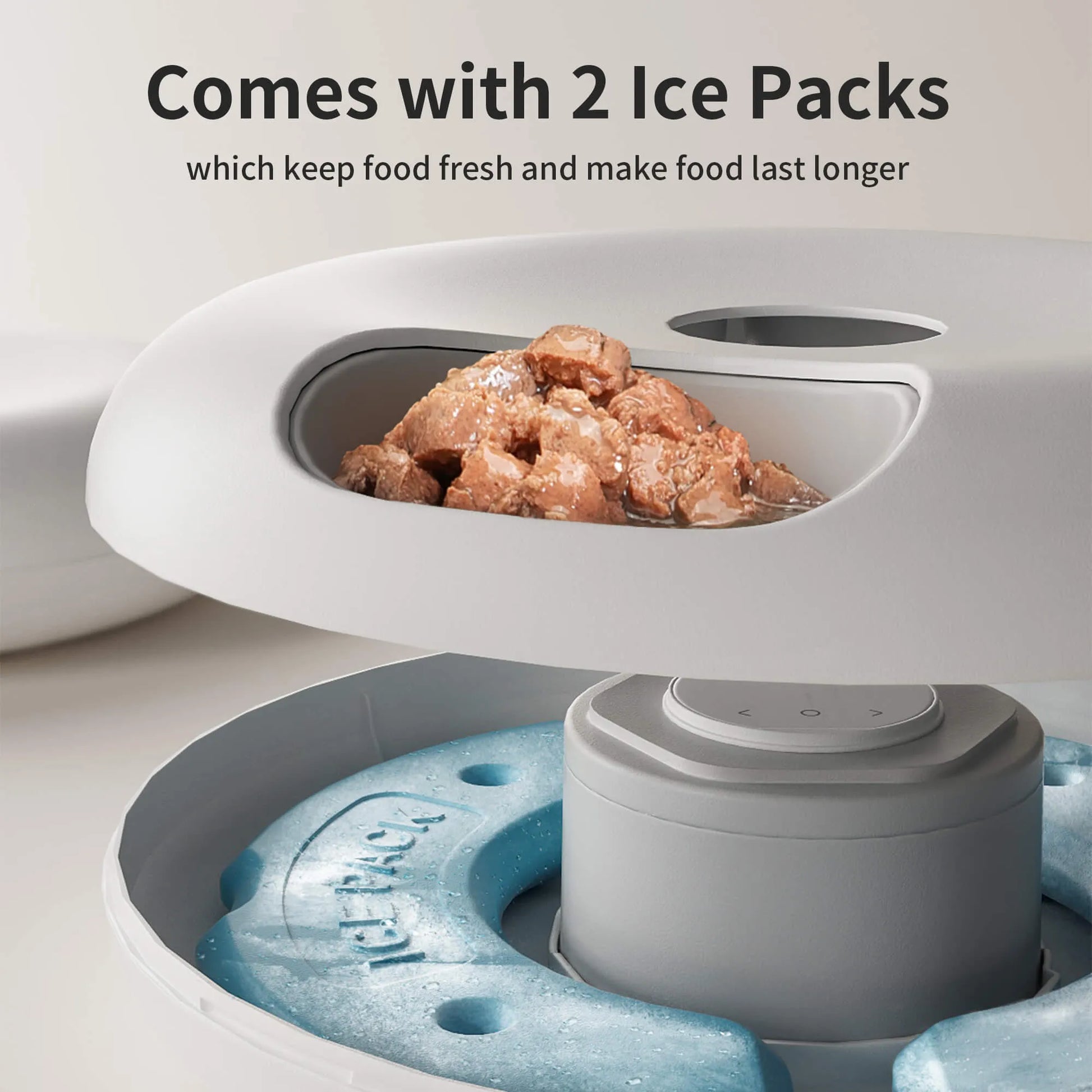 WiFi-enabled automatic pet feeder with app control, six food compartments, and two ice packs.
