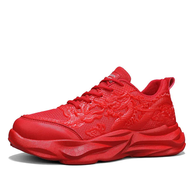 Chinese Loong breathable Fly Knit casual sneakers in four dragon colourways on a rubber sole.