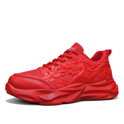 Chinese Loong breathable Fly Knit casual sneakers in four dragon colourways on a rubber sole.